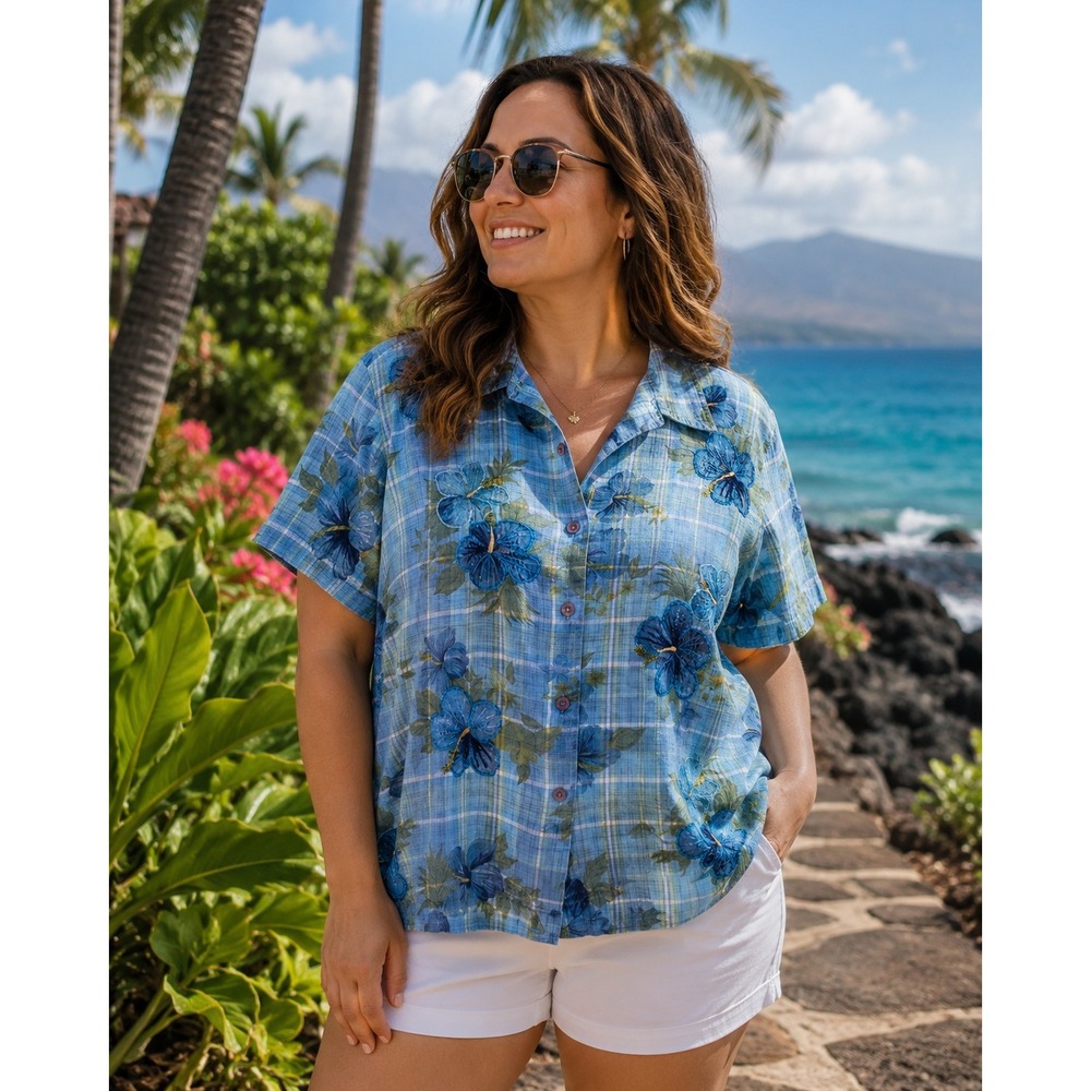 Lemon Grass Button Up Shirt Womens XL Blue Hibiscus Plaid Beaded Tropical Cotton